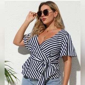 Striped print wrap blouse